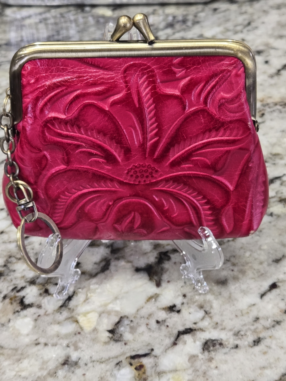Patricia Nash Fuchsia Embossed Floral Kiss-Lock Borse Coin Purse with Keyring